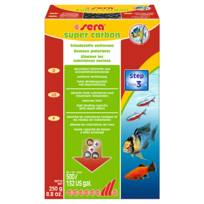 Embalagem colorida do filtro aquático Sera Super Carbon com peixes e instruções em várias línguas.