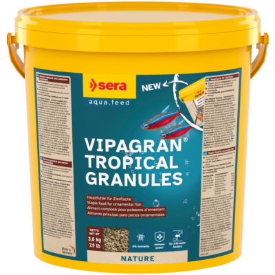 Recipiente amarelo de alimento para peixes Sera Vipagran Tropical Granules