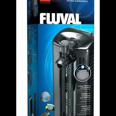 Filtro submersível Fluval U3 preto em embalagem azul com imagens de peixes