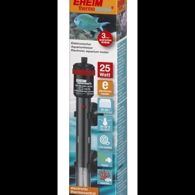 Embalagem de aquecedor eletrônico para aquário EHEIM thermo 25 watt com imagem de peixe e informações técnicas