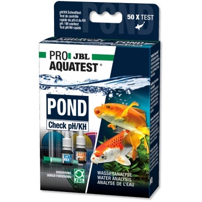 Embalagem do teste PRO JBL AQUATEST POND com imagens de peixes e detalhes do produto
