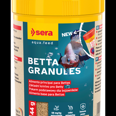 Recipiente amarelo de alimento para peixes Betta Granules da marca Sera