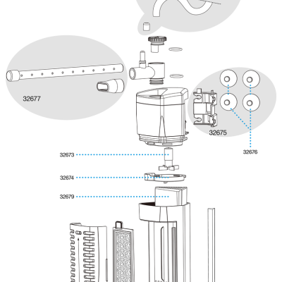 Diagrama técnico das peças do sera X-Edge 300 para filtragem.
