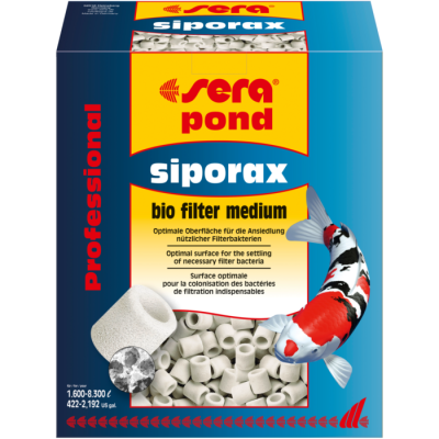 Embalagem do filtro biológico 'sera pond siporax' com imagem de peixe Koi e meio filtrante cilíndrico branco