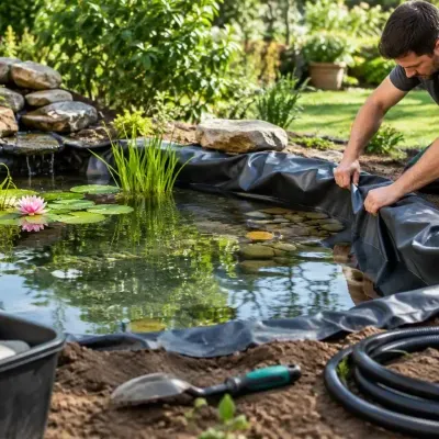 Homem a montar lagoa artificial com revestimento preto, pedras, planta aquática com flor rosa e ferramentas no solo