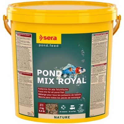 Baldes amarelos de ração para peixes de lago Sera Pond Mix Royal com imagem de peixe