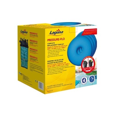 Kit de substituição de espuma azul Pressure-Flo Laguna na caixa amarela com texto e ícones