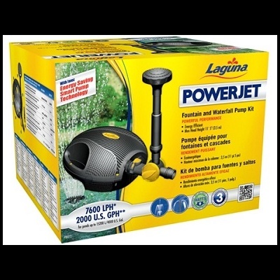 Caixa amarela do kit bomba Laguna PowerJet com imagem da bomba e texto técnico