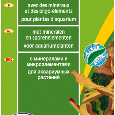 Embalagem de produto para plantas de aquário com minerais e oligoelementos, texto multilíngue, ilustrações de peixes e plantas aquáticas