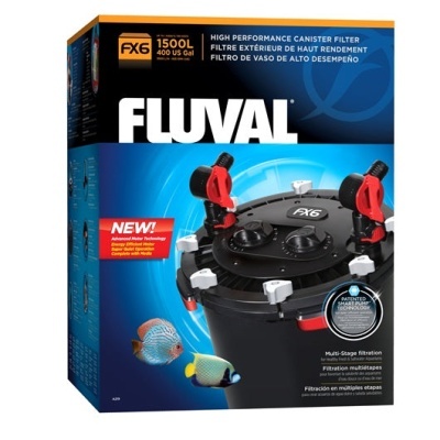 Filtro canister aquário Fluval FX6 preto com detalhes vermelhos e brancos na embalagem azul