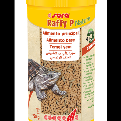 Embalagem amarela de alimento para tartarugas com pellets visíveis e texto multilingue.