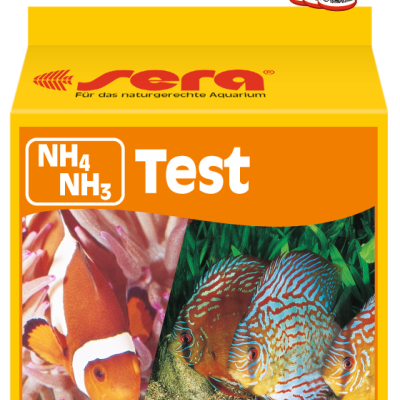 Teste de amoníaco para aquário com embalagem amarela e laranja e peixes coloridos