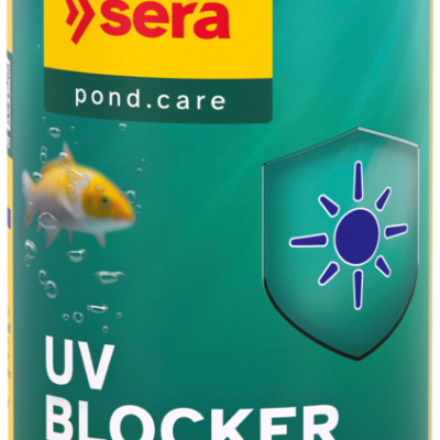 Frasco de produto Sera pond.care UV BLOCKER com tampa amarela