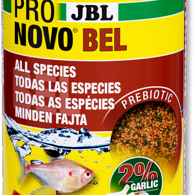 Embalagem amarela de comida para peixes JBL PRO NOVO BEL com imagens de peixes e alho