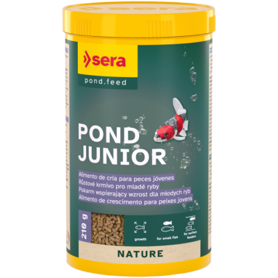 Recipiente amarelo de alimento para peixes POND JUNIOR com peixe koi na embalagem