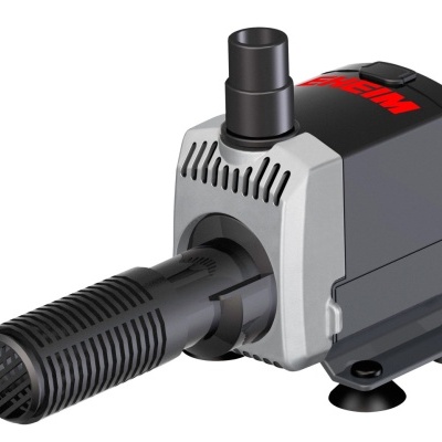 Bomba de água submersível preta e cinza com grelha na frente e saída cilíndrica superior