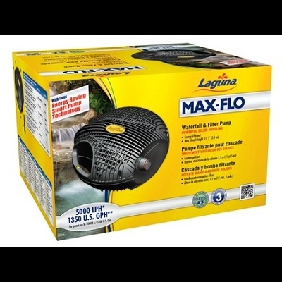 Bomba de água Laguna MAX-FLO em caixa amarela com texto informativo.