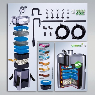 Filtro de aquário com acessórios e camadas filtrantes visíveis