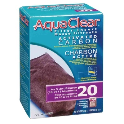 Caixa de filtro AquaClear com carvão ativado para aquários, embalagem azul e filtro marrom visível