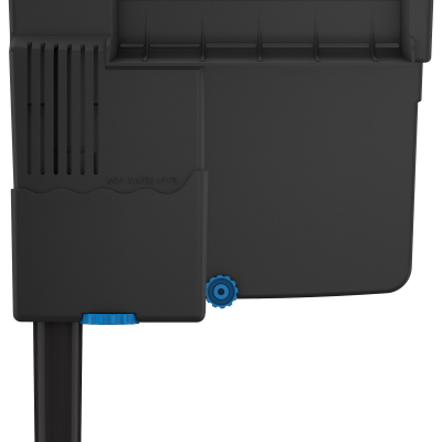 Reservatório de água preto com botões azuis e tubo de saída