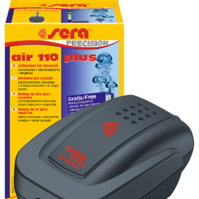 Aerador para aquário cinza com embalagem amarela da Sera Precision air 110 plus