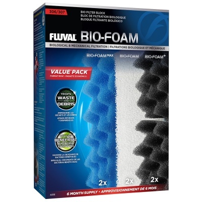 Embalagem de filtro Fluval Bio-Foam com três espumas coloridas e texto