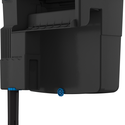 Máquina preta com detalhes azuis e bocal com grades, feita de plástico