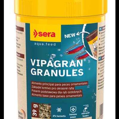 Recipiente amarelo de alimento para peixes VIPAGRAN GRANULES da marca sera