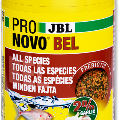 Embalagem amarela de alimento para peixes JBL Pro Novo Bel com imagens de peixes e texto multilíngue