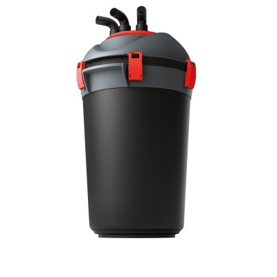 Filtro cilíndrico preto com tampa cinza, presilhas vermelhas e tubos no topo