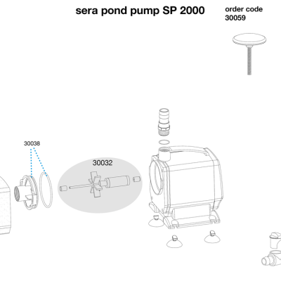 Desenho técnico da bomba Sera pond pump SP 2000 com peças desmontadas e códigos de pedido.