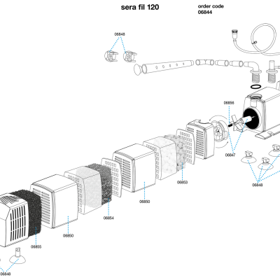 Desenho técnico do filtro sera fil 120 com peças modulares e etiquetas numeradas.