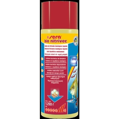 Frasco amarelo com tampa vermelha e rótulo azul, amarelo e vermelho com texto e imagens de peixes