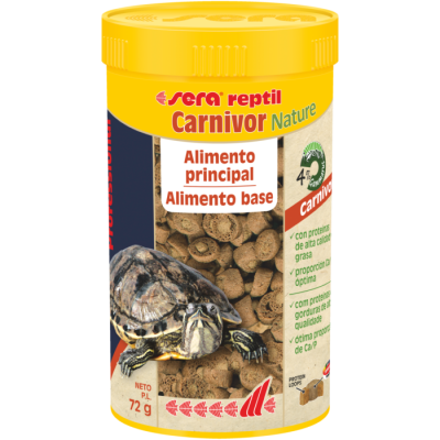 Frasco amarelo de alimento para répteis marca sera reptil Carnivor Nature com imagem de tartaruga