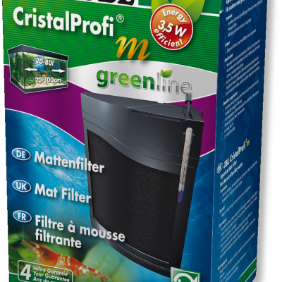 Embalagem do filtro para aquário JBL CristalProfi m greenline 35W preto com texto e imagens