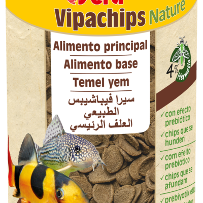 Pote amarelo de alimento para peixes Sera Vipachips Nature com imagens de peixes e texto multilingue