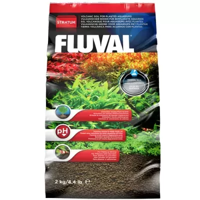 Embalagem de solo vulcânico FLUVAL para aquários plantados com texto e imagens de plantas e substrato