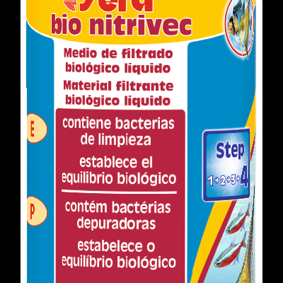 Frasco amarelo com tampa vermelha e rótulo colorido de produto para aquários com texto em espanhol e português