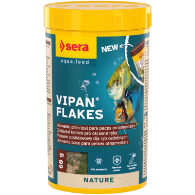 Frasco amarelo de alimento em flocos para peixes ornamentais Sera Vipan Flakes