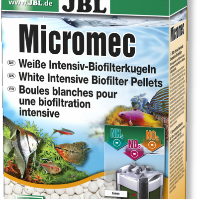 Embalagem do JBL Micromec com pelotas brancas de biofiltro, peixes tropicais e gráfico de composição de filtros químicos