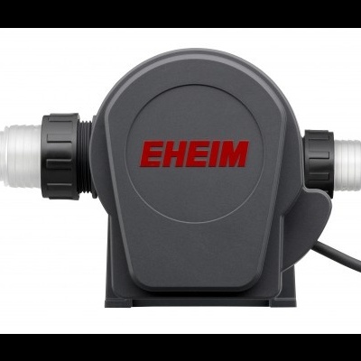 Bomba de água preta com conectores brancos e texto vermelho EHEIM