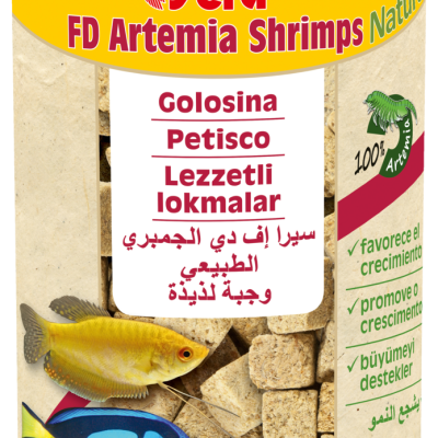 Embalagem amarela de ração para peixes FD Artemia Shrimps Nature da Sera