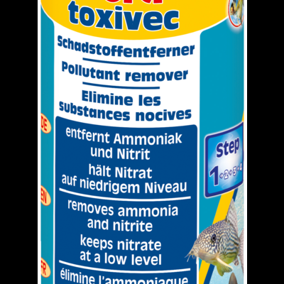 Frasco amarelo com tampa azul de removedor de poluentes para aquários com texto em várias línguas e imagens de peixes