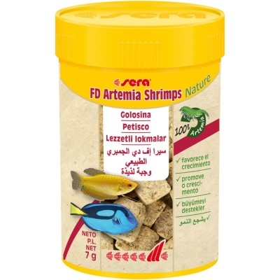 Embalagem de petiscos para peixes sera FD Artemia Shrimps Nature 7g, amarelo com imagens de peixes e texto multilíngue.