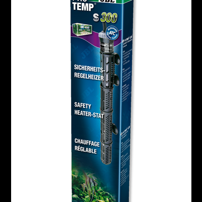 Embalagem azul com aquecedor de aquário JBL Pro Temp S 300 e textos em três idiomas.