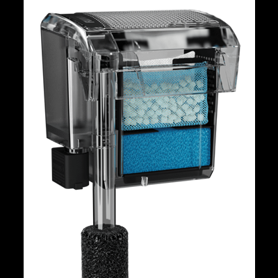 Filtro de aquário com esponjas azul, branca e preta em fundo preto