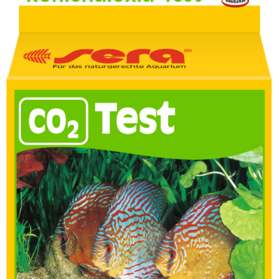 Embalagem de teste de dióxido de carbono CO2 para aquário da marca sera, com imagem de peixes e plantas aquáticas.