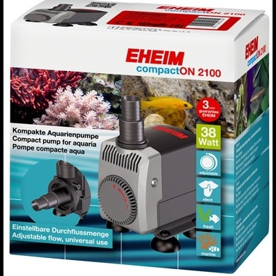 Bomba compacta para aquários EHEIM compactON 2100 na embalagem com informações em várias línguas