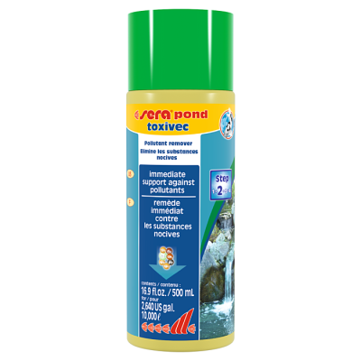 Frasco de produto Seco Pond Toxivec com tampa verde e rótulo azul e amarelo