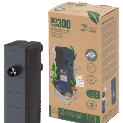 Filtro interno modular BIO FILTER 300 preto ao lado da embalagem castanha com texto verde e preto